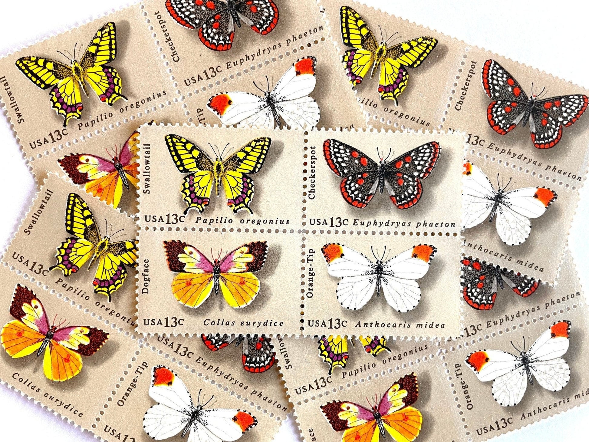 Vintage Set of 4 Unused Butterflies Stamps (Swallowtail, Checkerspot, Dogface, Orange - Tip, Butterfly, Se - tenant) USPS Postage 13c ea/52c per set - Heritage Post House