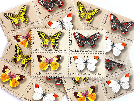 Vintage Set of 4 Unused Butterflies Stamps (Swallowtail, Checkerspot, Dogface, Orange - Tip, Butterfly, Se - tenant) USPS Postage 13c ea/52c per set - Heritage Post House