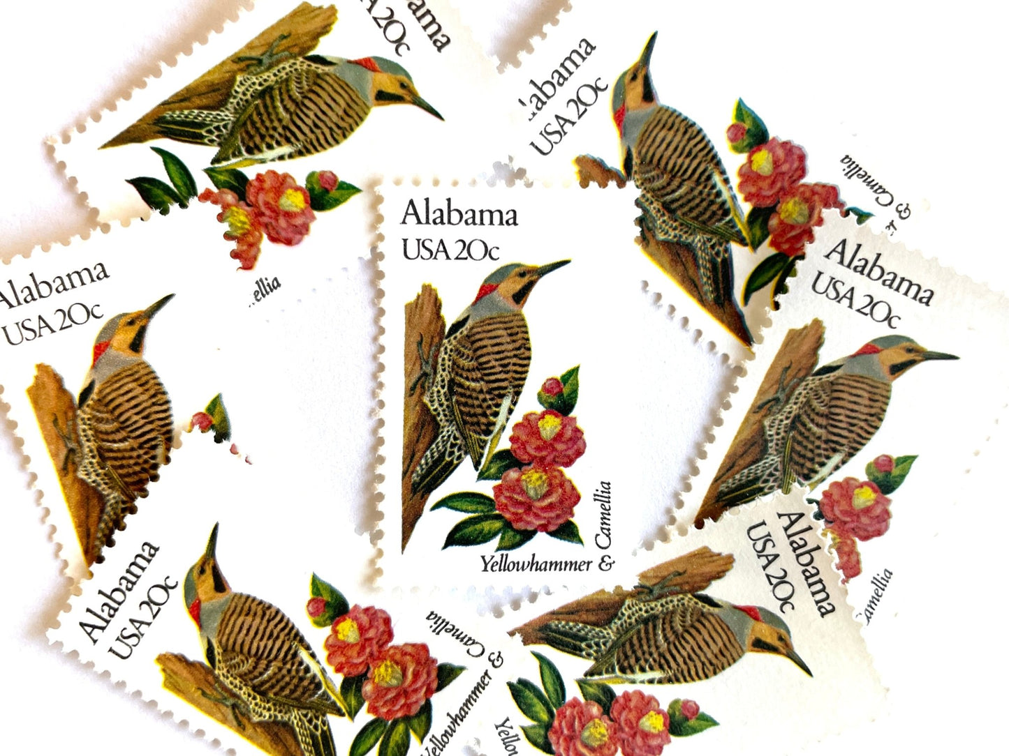 Vintage Unused Alabama State Bird and Flower Stamp (Yellowhammer & Camellia), USPS Postage 20c - Heritage Post House