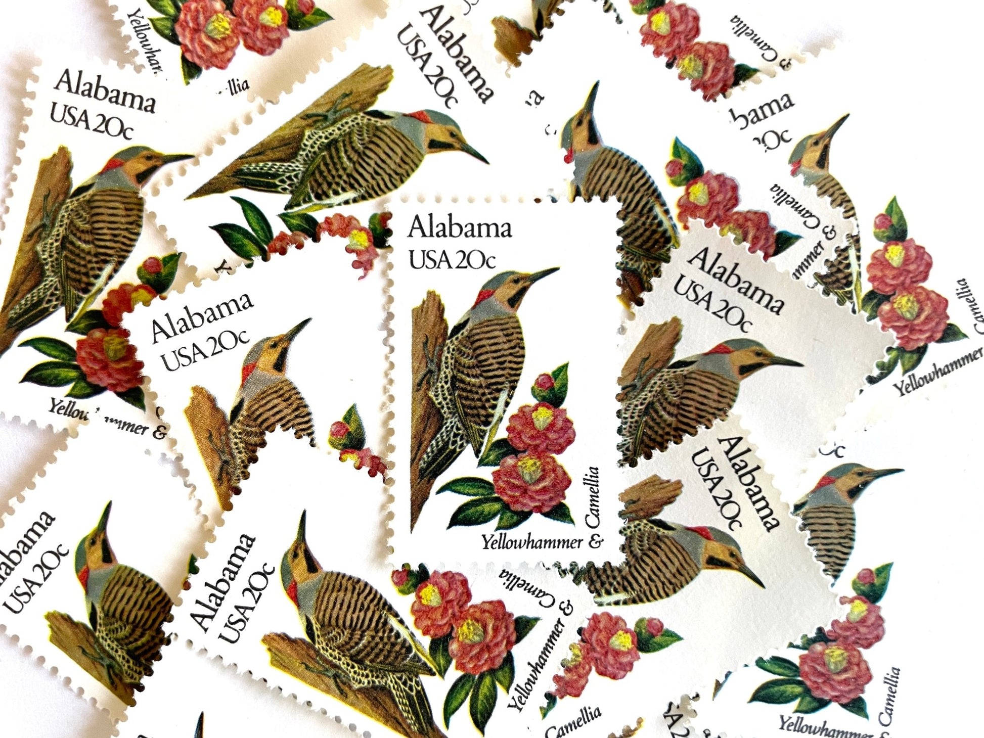 Vintage Unused Alabama State Bird and Flower Stamp (Yellowhammer & Camellia), USPS Postage 20c - Heritage Post House