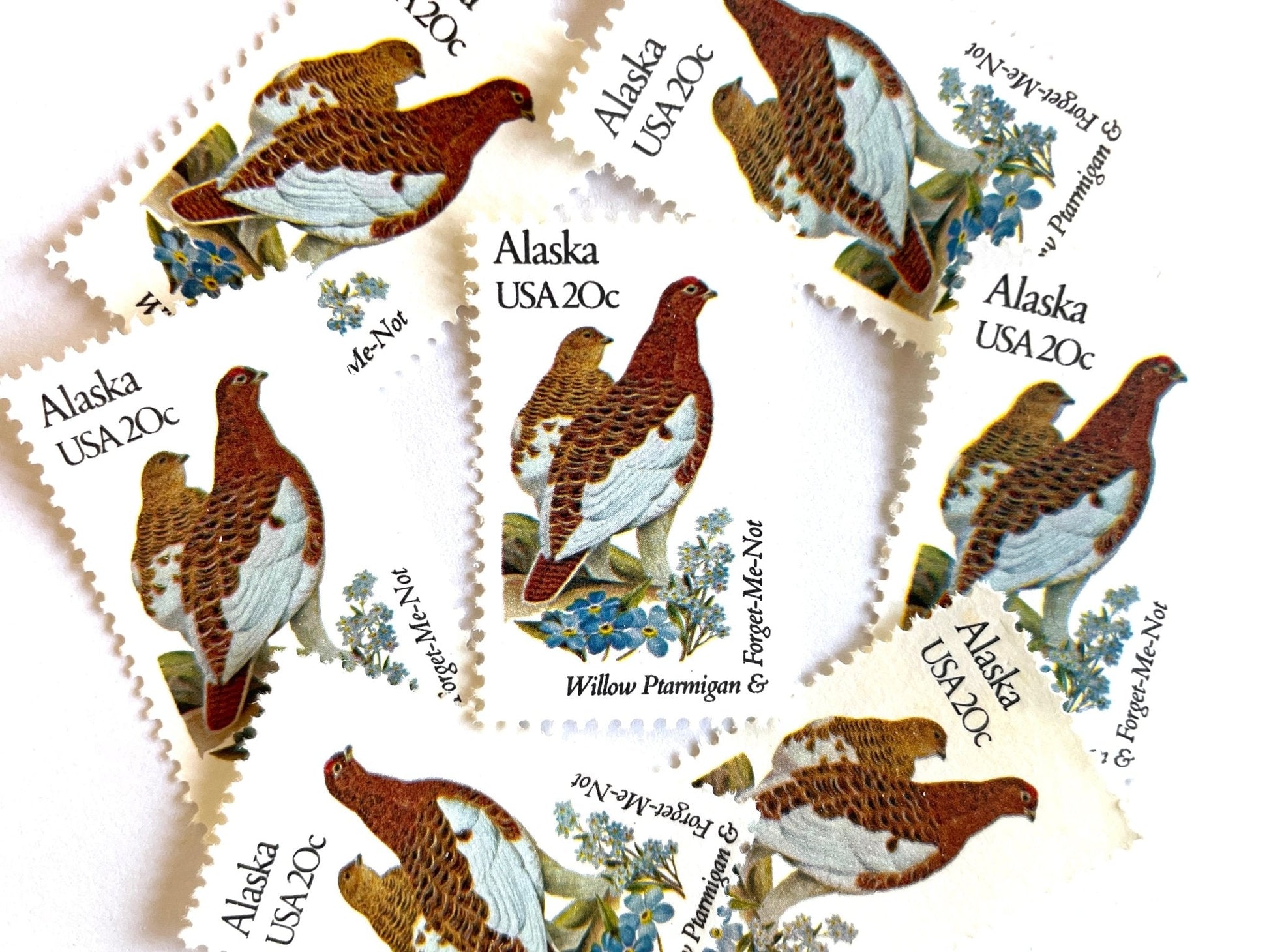 Vintage Unused Alaska State Bird and Flower Stamp (Willow Ptarmigan & Foget - Me - Not), USPS Postage 20c - Heritage Post House