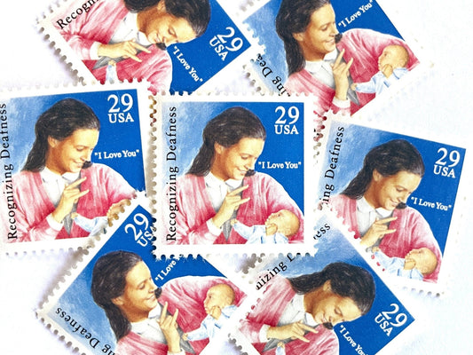 Vintage Unused American Sign Language Recognizing Deafness Stamps (Mother and Baby, I Love You, ASL, Blue/Pink) USPS Postage 29c - Heritage Post House