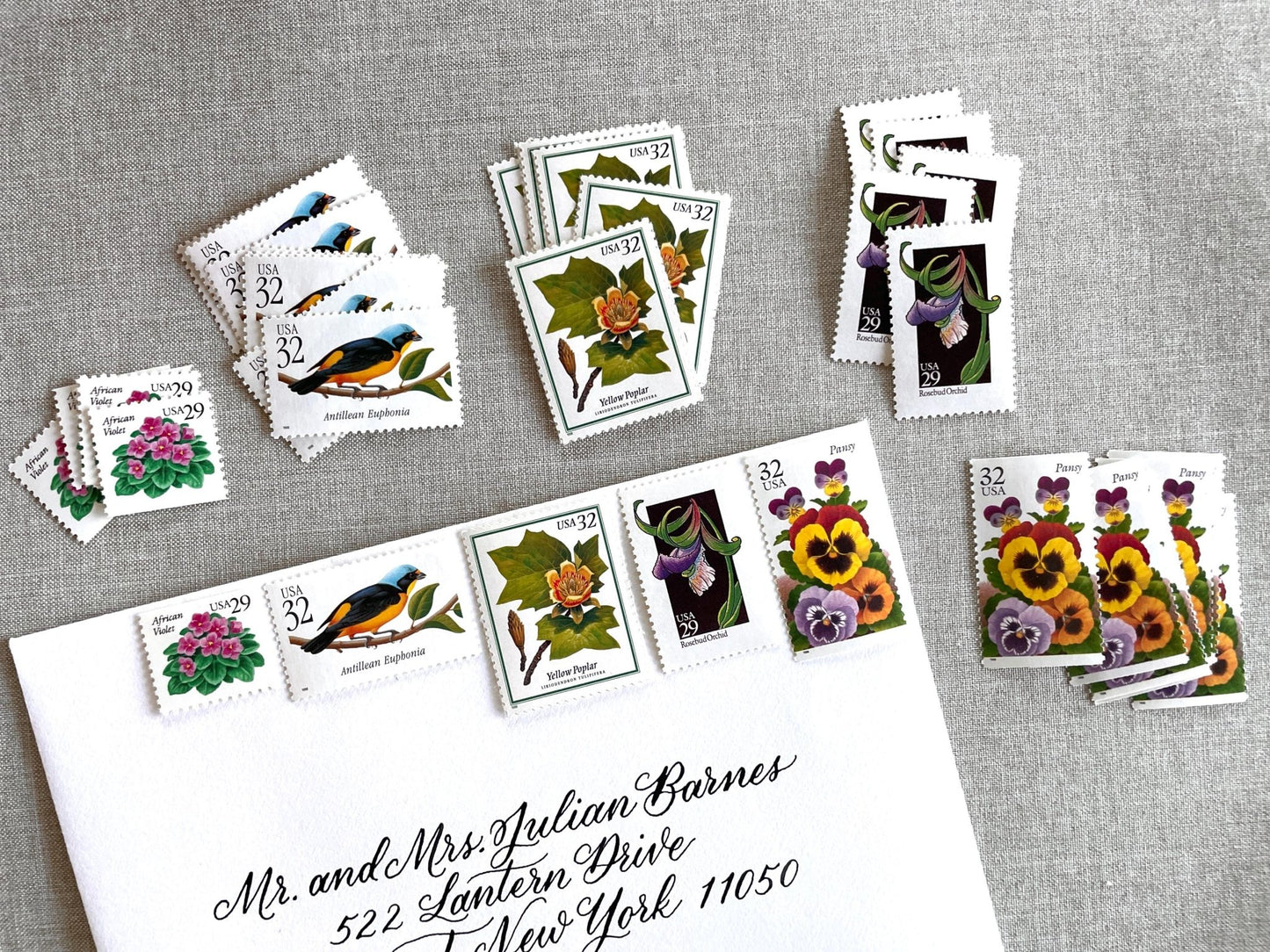 Vintage Unused Bright Botanical Postage Set of 5 Stamps (For Letters Weighing 3 - ounces ea., Flowers, Wedding) USPS Postage $1.54 per set - Heritage Post House