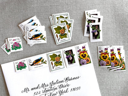Vintage Unused Bright Botanical Postage Set of 5 Stamps (For Letters Weighing 3 - ounces ea., Flowers, Wedding) USPS Postage $1.54 per set - Heritage Post House