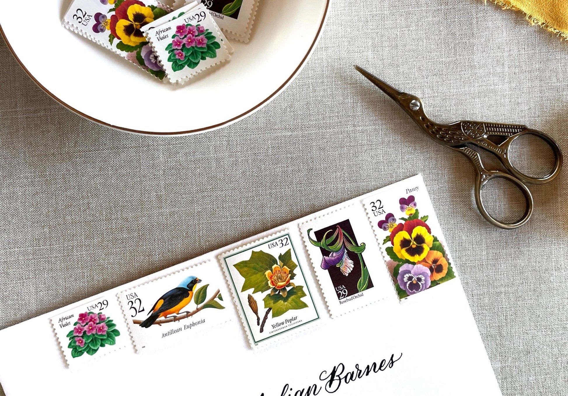 Vintage Unused Bright Botanical Postage Set of 5 Stamps (For Letters Weighing 3 - ounces ea., Flowers, Wedding) USPS Postage $1.54 per set - Heritage Post House