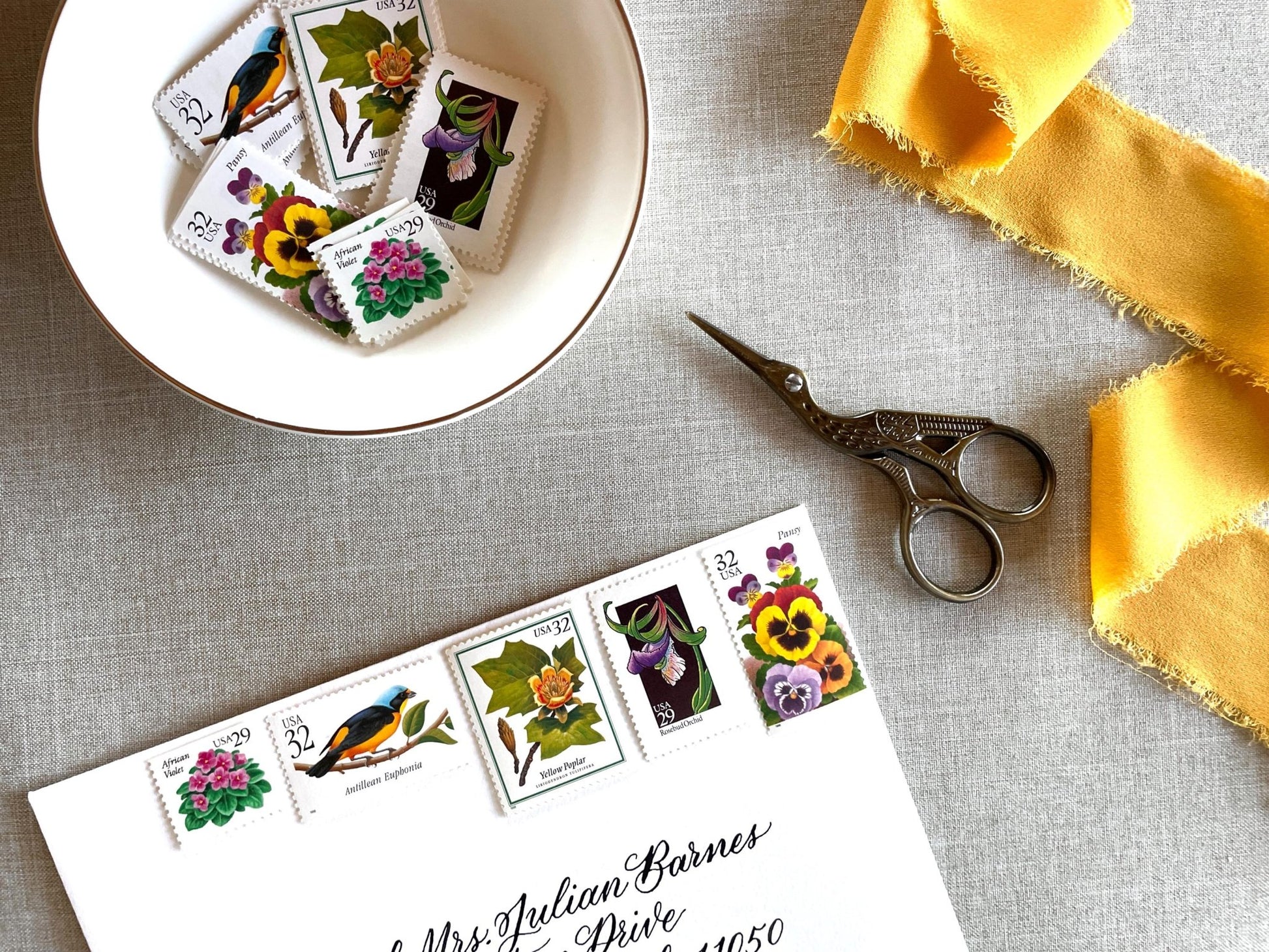 Vintage Unused Bright Botanical Postage Set of 5 Stamps (For Letters Weighing 3 - ounces ea., Flowers, Wedding) USPS Postage $1.54 per set - Heritage Post House