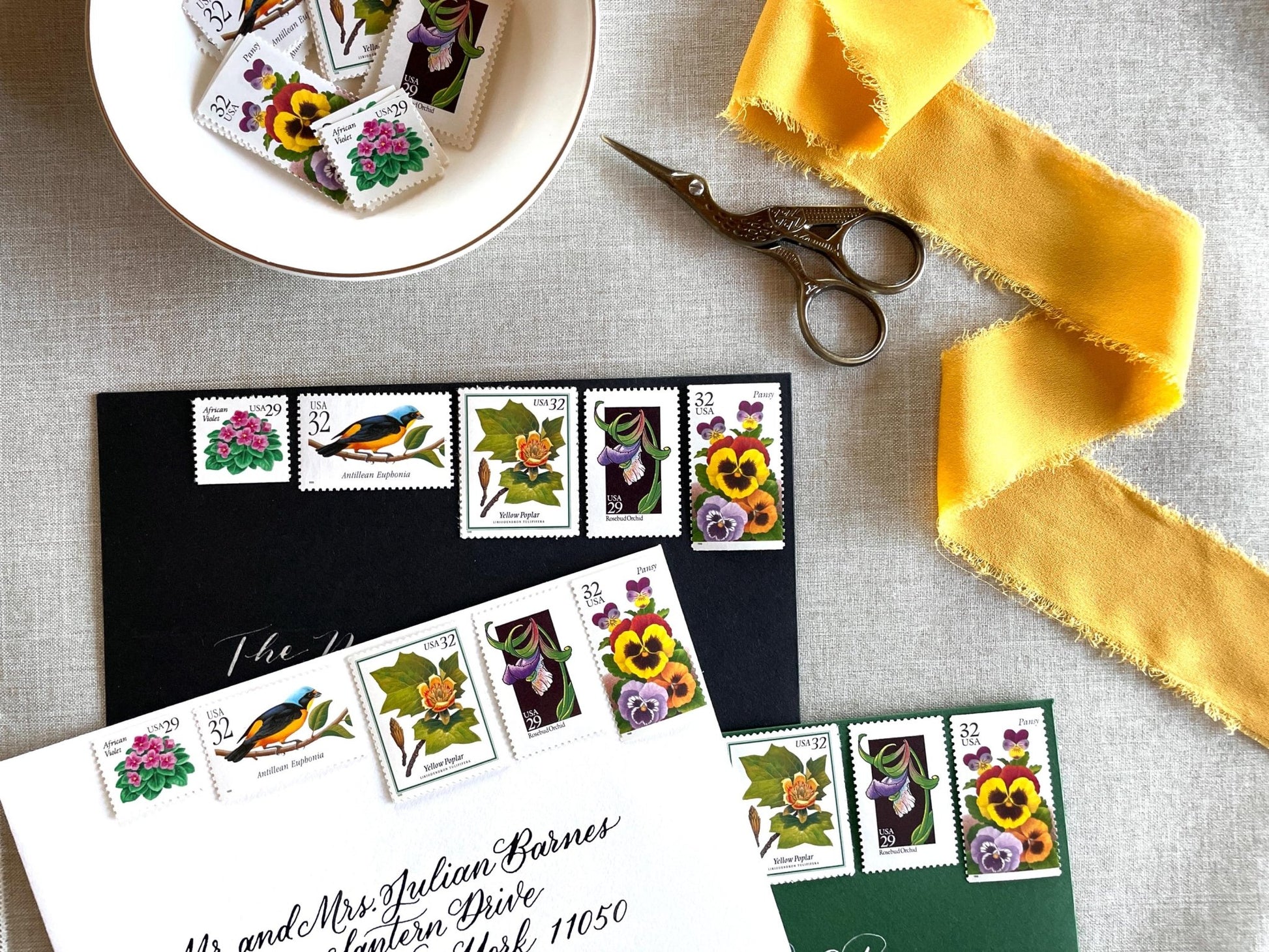 Vintage Unused Bright Botanical Postage Set of 5 Stamps (For Letters Weighing 3 - ounces ea., Flowers, Wedding) USPS Postage $1.54 per set - Heritage Post House