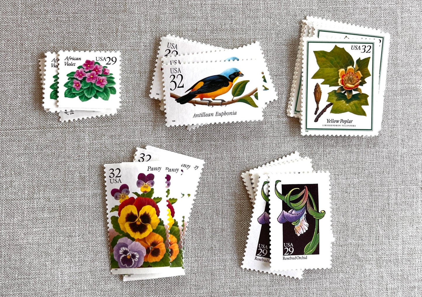 Vintage Unused Bright Botanical Postage Set of 5 Stamps (For Letters Weighing 3 - ounces ea., Flowers, Wedding) USPS Postage $1.54 per set - Heritage Post House