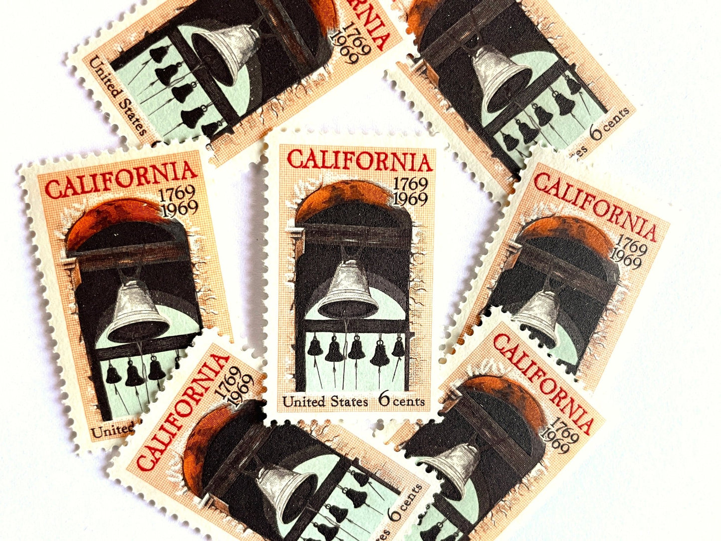 Vintage Unused California Settlement Stamps (Mission Bells), USPS Postage 6c - Heritage Post House