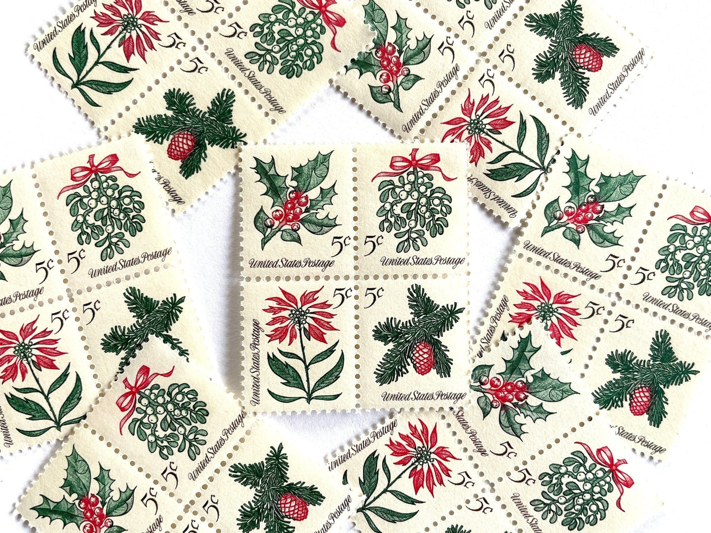 Vintage Unused Christmas Issue Stamp Set of 4 (Holiday, Mistletoe, Holly, Poinsettia, Evergreen, Se - Tenant) USPS Postage 5c ea/20c per set - Heritage Post House