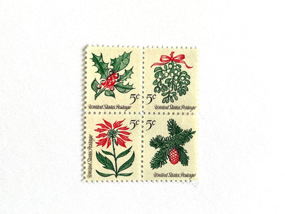 Vintage Unused Christmas Issue Stamp Set of 4 (Holiday, Mistletoe, Holly, Poinsettia, Evergreen, Se - Tenant) USPS Postage 5c ea/20c per set - Heritage Post House