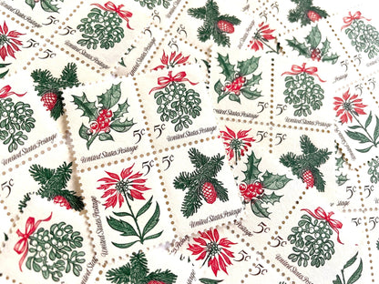 Vintage Unused Christmas Issue Stamp Set of 4 (Holiday, Mistletoe, Holly, Poinsettia, Evergreen, Se - Tenant) USPS Postage 5c ea/20c per set - Heritage Post House