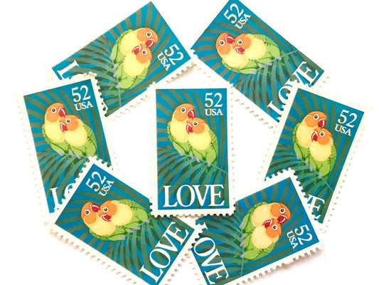 Vintage Unused Fischer's Love Birds Stamps (Love Series, Tropical, Parrot, Bird, Pair, Couple, Green) USPS Postage 52c - Heritage Post House