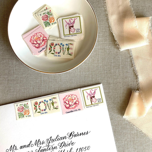 Vintage Unused Floral Love Postage Set of 4 Stamps (For Letters Weighing 1 - ounce ea., Wedding, Save - the - Date, Flowers, Pink) USPS Postage 73c - Heritage Post House