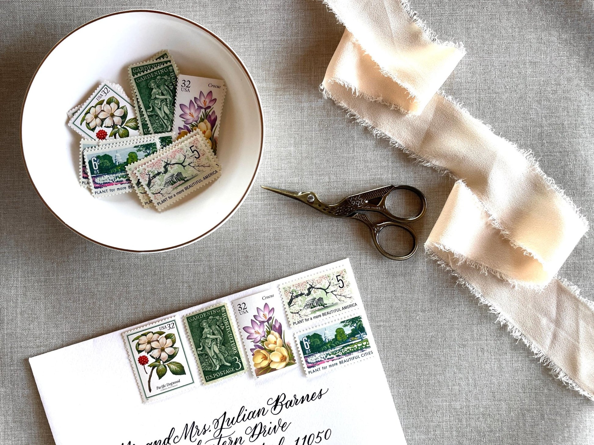 Vintage Unused Garden Botanical Postage Set of 5 Stamps (For Letters Weighing 1 - ounce ea., Flowers, Wedding) USPS Postage 78c per set - Heritage Post House