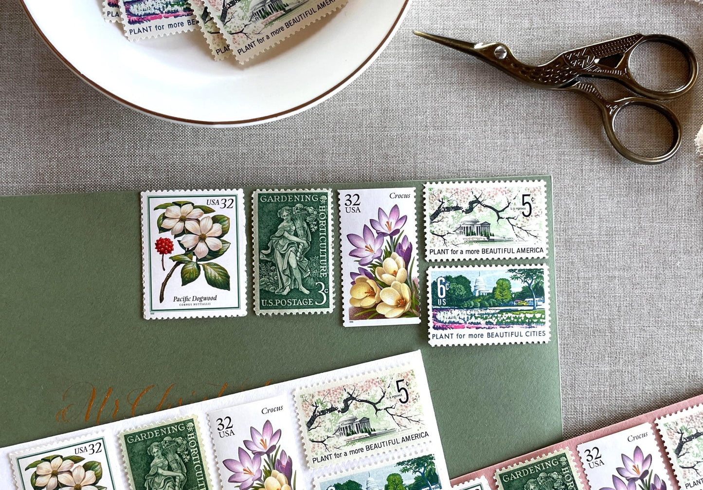 Vintage Unused Garden Botanical Postage Set of 5 Stamps (For Letters Weighing 1 - ounce ea., Flowers, Wedding) USPS Postage 78c per set - Heritage Post House