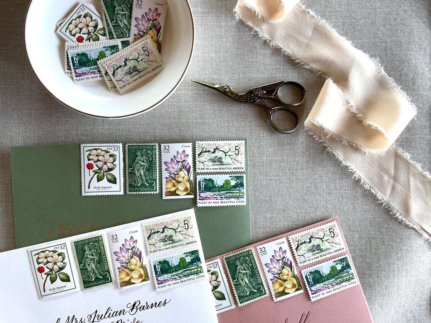 Vintage Unused Garden Botanical Postage Set of 5 Stamps (For Letters Weighing 1 - ounce ea., Flowers, Wedding) USPS Postage 78c per set - Heritage Post House