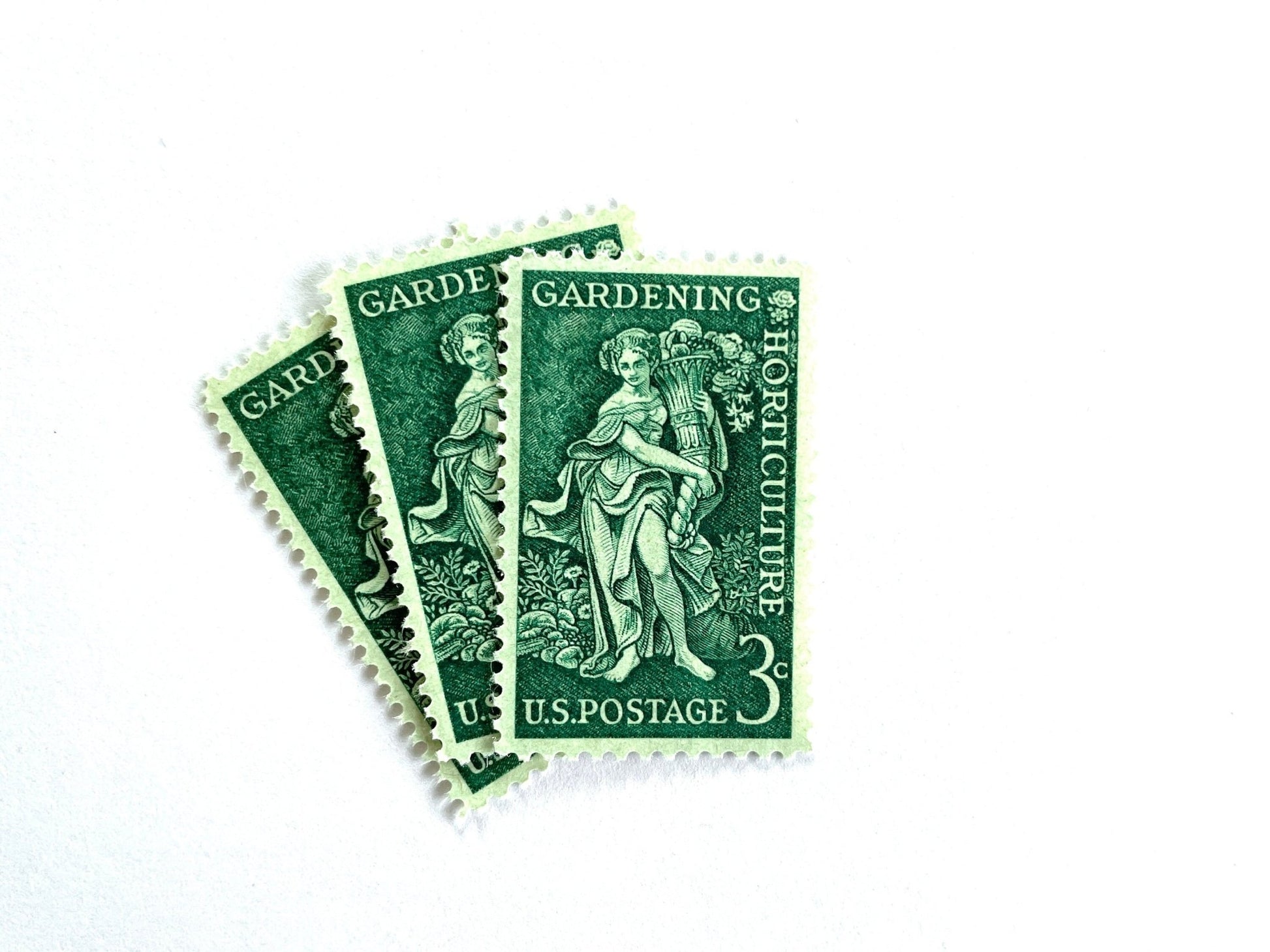 Vintage Unused Gardening & Horticulture Stamps (Cornucopia, Goddess, Vegetables, Green) USPS Postage 3c - Heritage Post House
