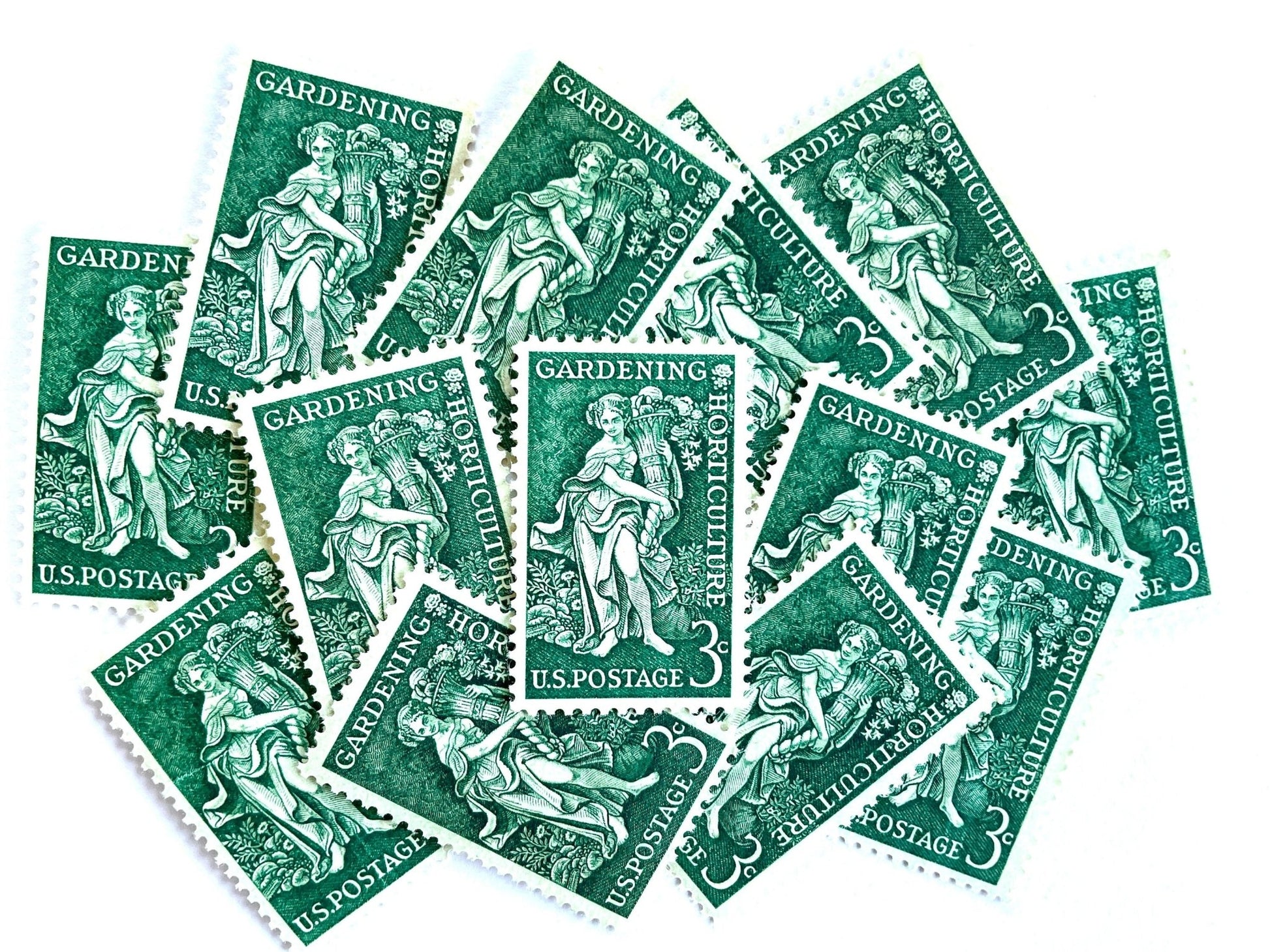 Vintage Unused Gardening & Horticulture Stamps (Cornucopia, Goddess, Vegetables, Green) USPS Postage 3c - Heritage Post House