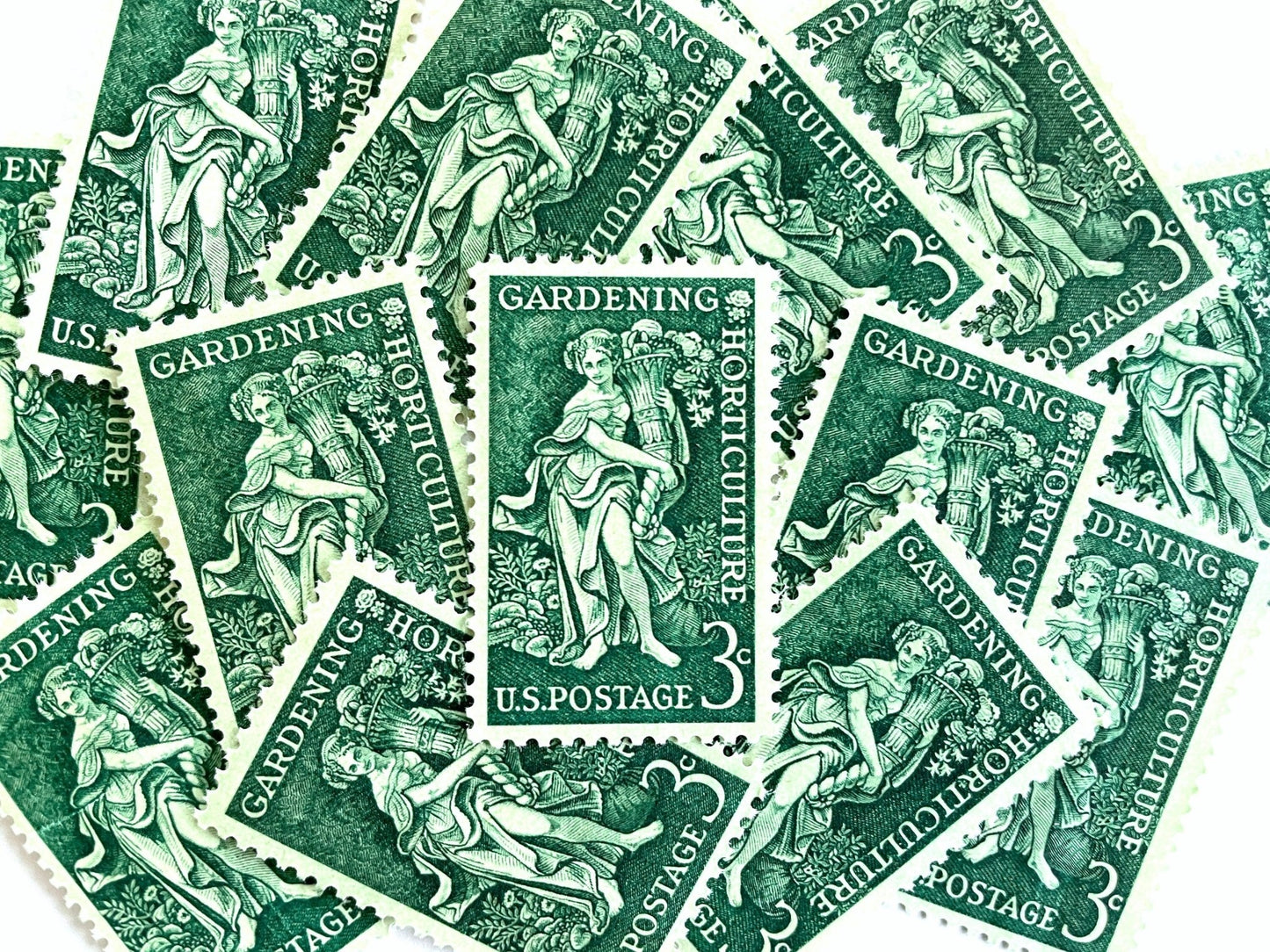 Vintage Unused Gardening & Horticulture Stamps (Cornucopia, Goddess, Vegetables, Green) USPS Postage 3c - Heritage Post House
