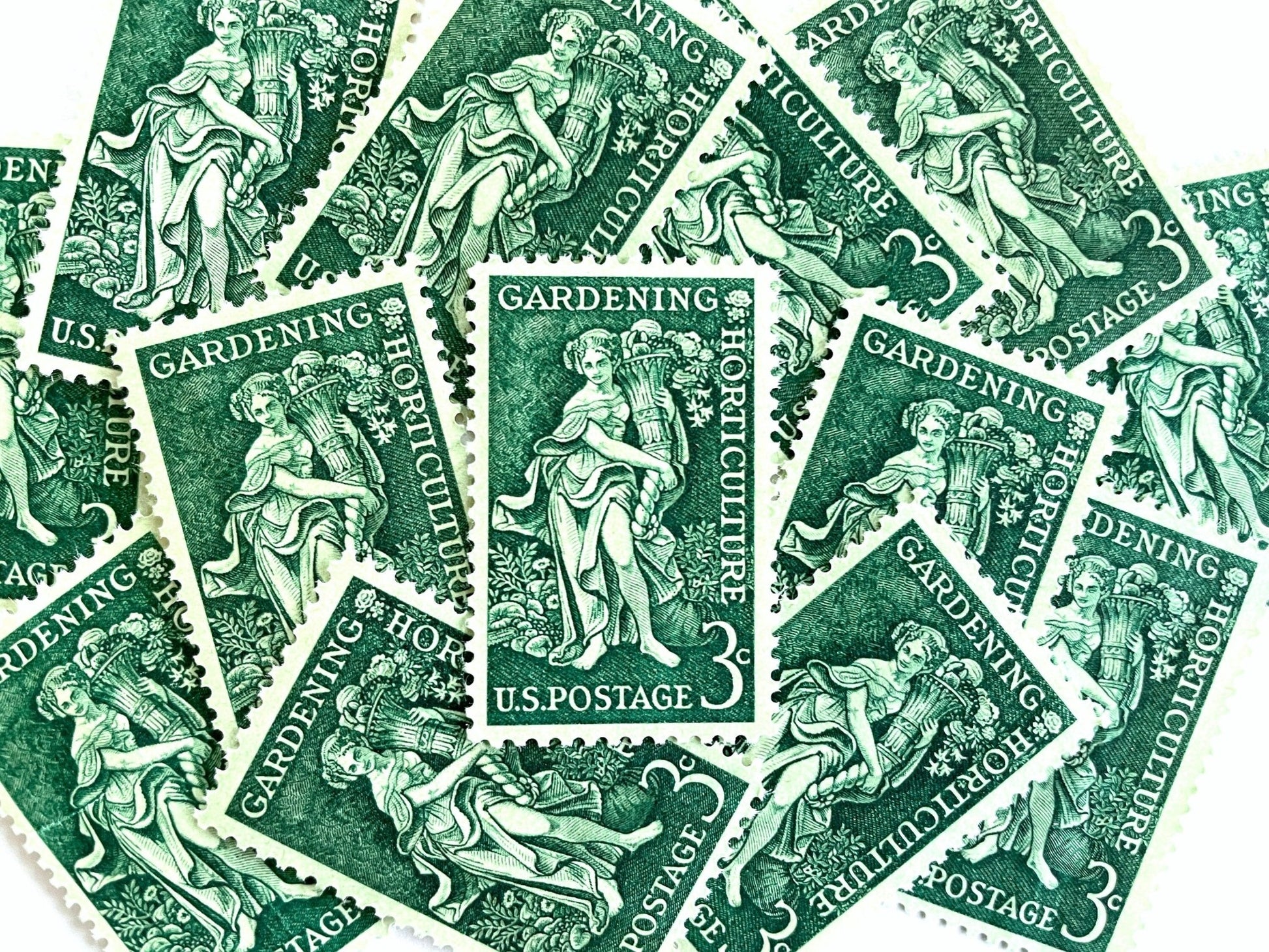 Vintage Unused Gardening & Horticulture Stamps (Cornucopia, Goddess, Vegetables, Green) USPS Postage 3c - Heritage Post House