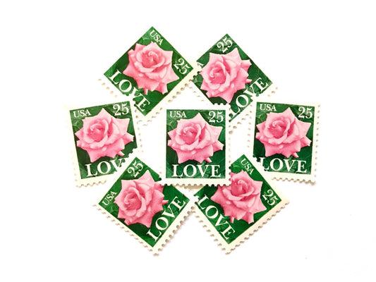 Vintage Unused Love Rose Stamps (Pink Rose), USPS Postage 25c - Heritage Post House