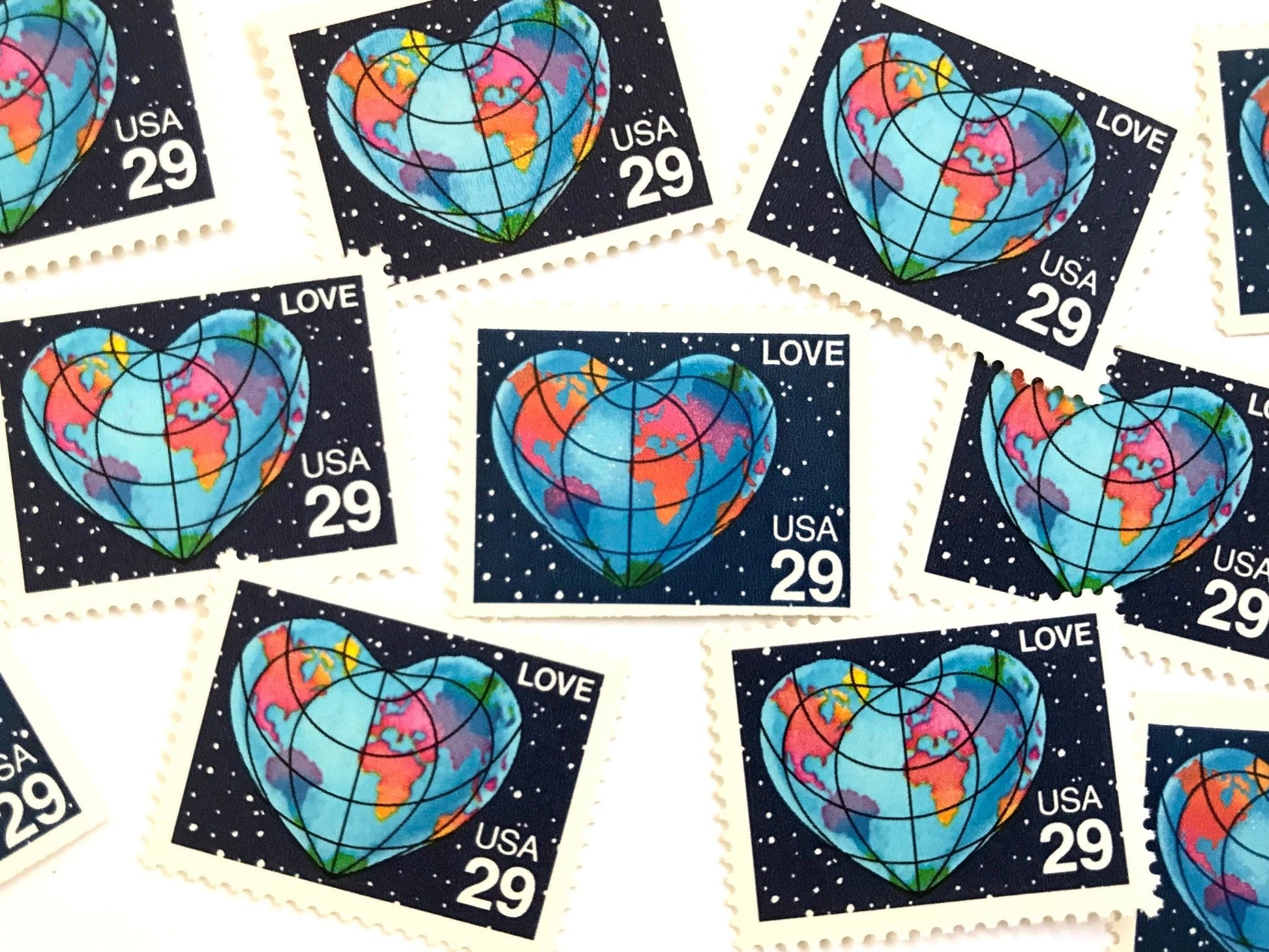 Vintage Unused Love Series Heart - Shaped Globe Stamps (Earth, World, Blue) USPS Postage 29c - Heritage Post House