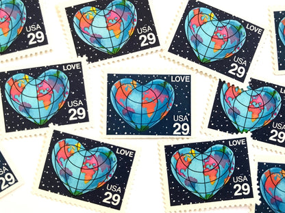 Vintage Unused Love Series Heart - Shaped Globe Stamps (Earth, World, Blue) USPS Postage 29c - Heritage Post House