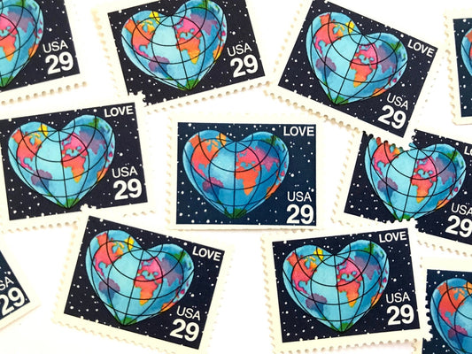 Vintage Unused Love Series Heart - Shaped Globe Stamps (Earth, World, Blue) USPS Postage 29c - Heritage Post House