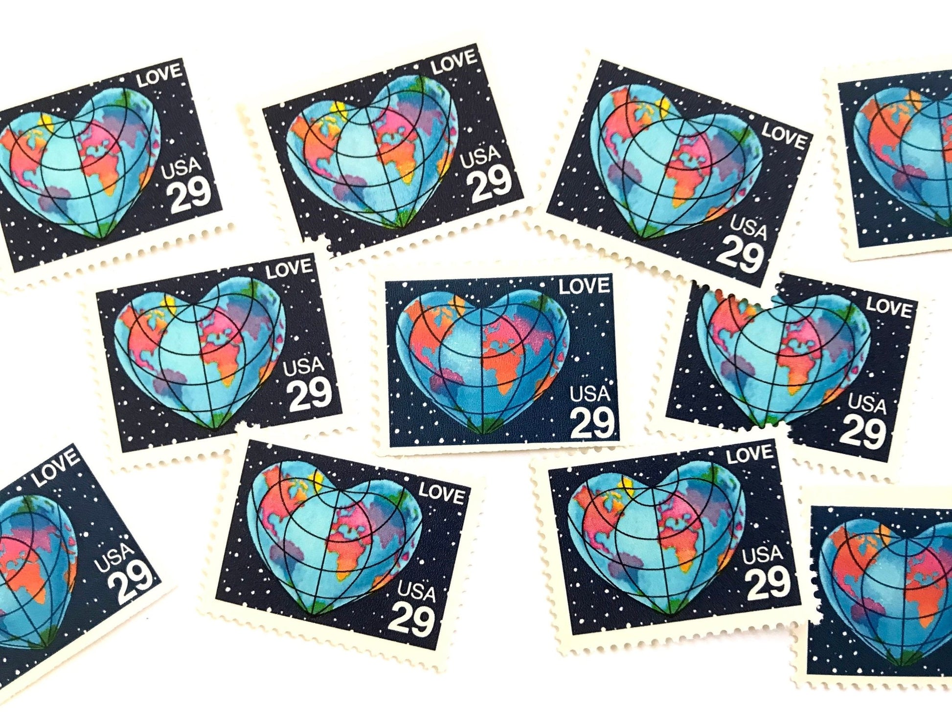 Vintage Unused Love Series Heart - Shaped Globe Stamps (Earth, World, Blue) USPS Postage 29c - Heritage Post House