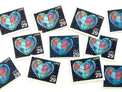 Vintage Unused Love Series Heart - Shaped Globe Stamps (Earth, World, Blue) USPS Postage 29c - Heritage Post House