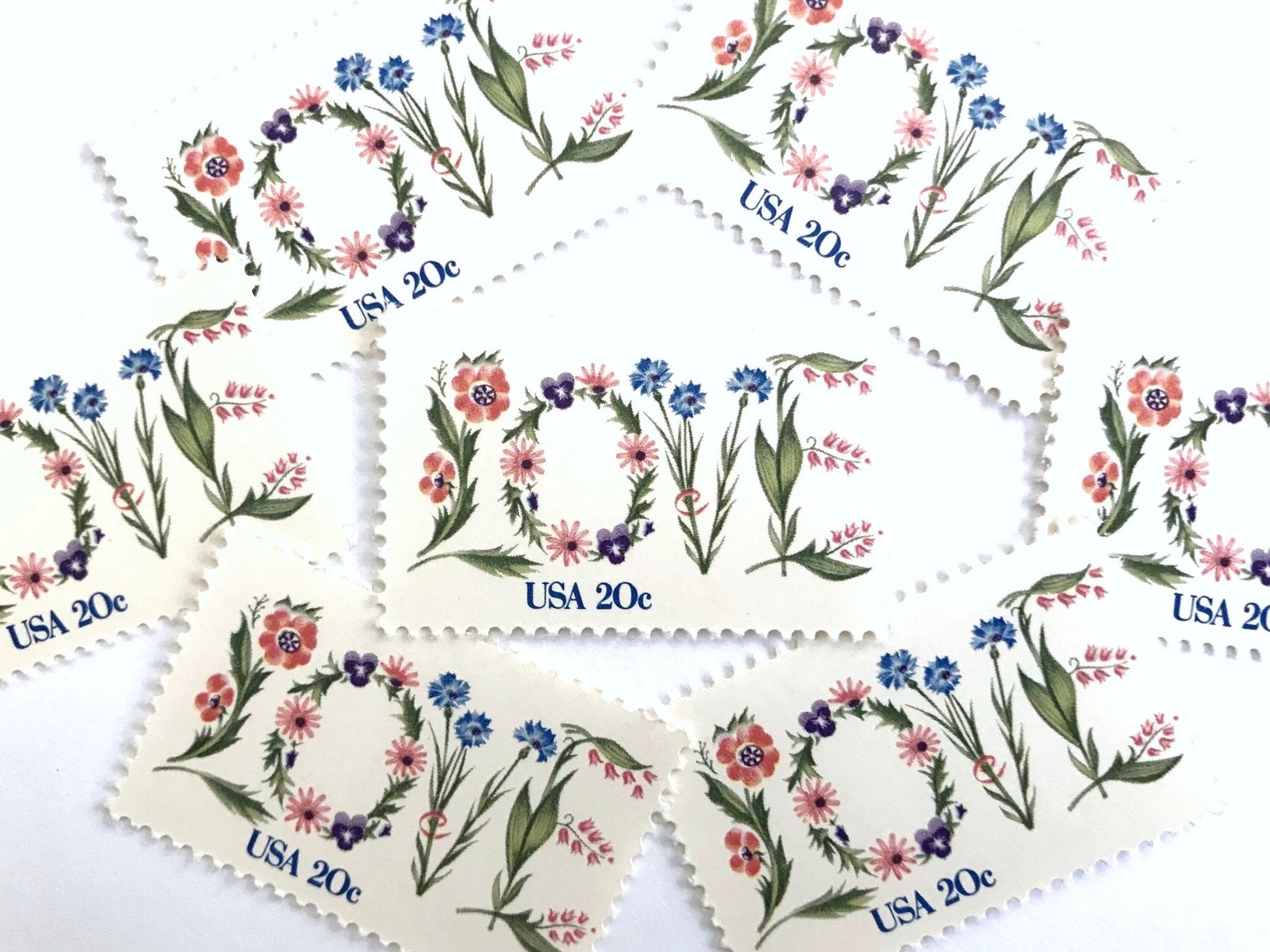 Vintage Unused Love Series Love Flowers Stamps (Botanical, Wedding, Bridal) USPS Postage 20c - Heritage Post House