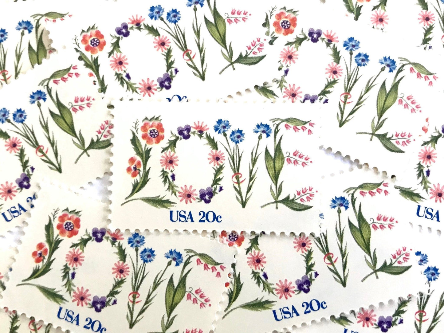 Vintage Unused Love Series Love Flowers Stamps (Botanical, Wedding, Bridal) USPS Postage 20c - Heritage Post House