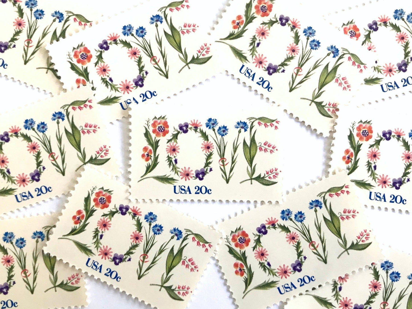 Vintage Unused Love Series Love Flowers Stamps (Botanical, Wedding, Bridal) USPS Postage 20c - Heritage Post House