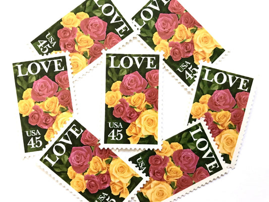 Vintage Unused Love Series Pink and Yellow Roses Stamps (Botanical, Rose, Flower) USPS Postage 45c - Heritage Post House