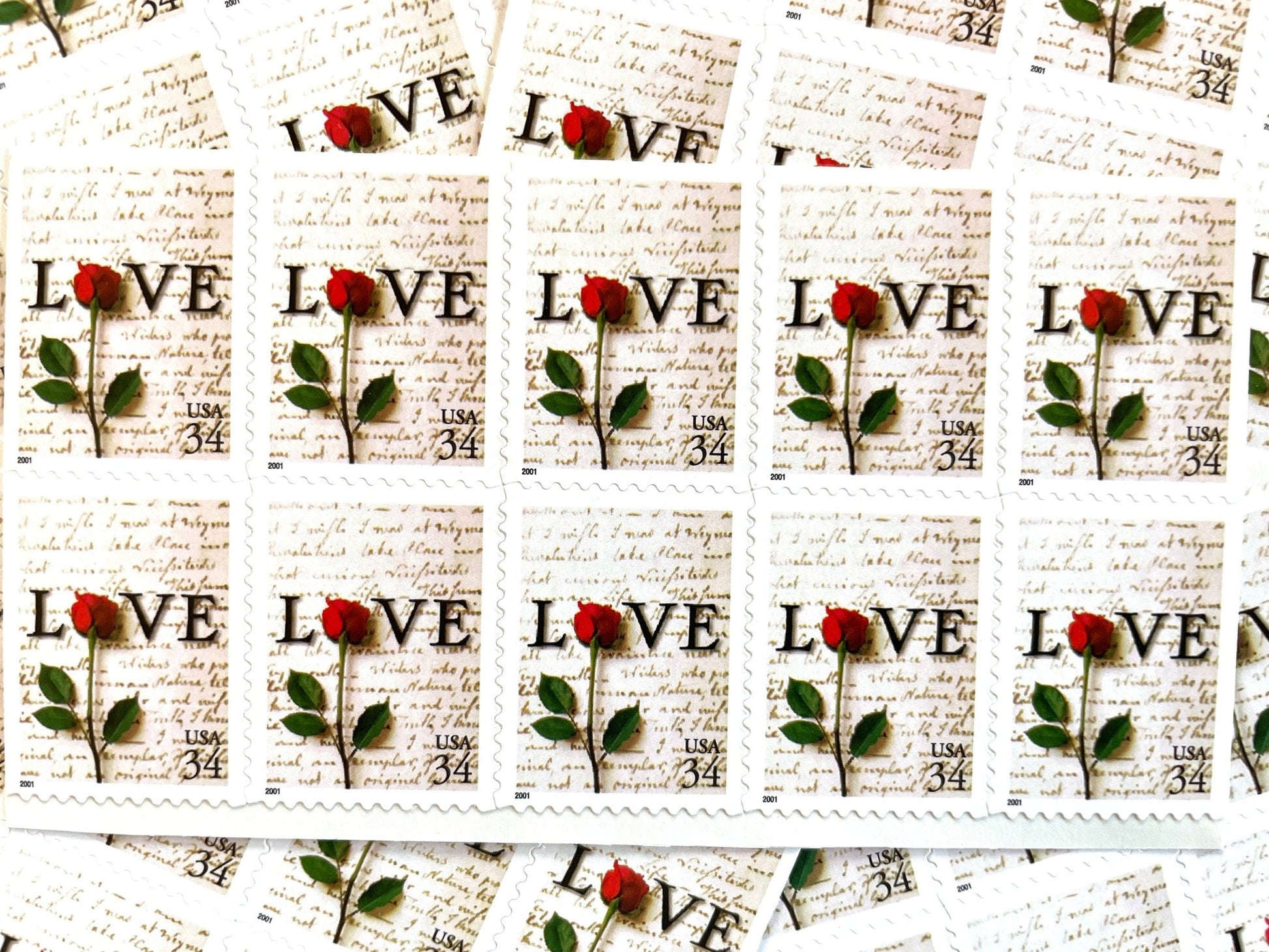 Vintage Unused Love Series Rose & Love Letter Stamps (Wedding, Valentine's Day, Flower) USPS Postage 34c - Heritage Post House