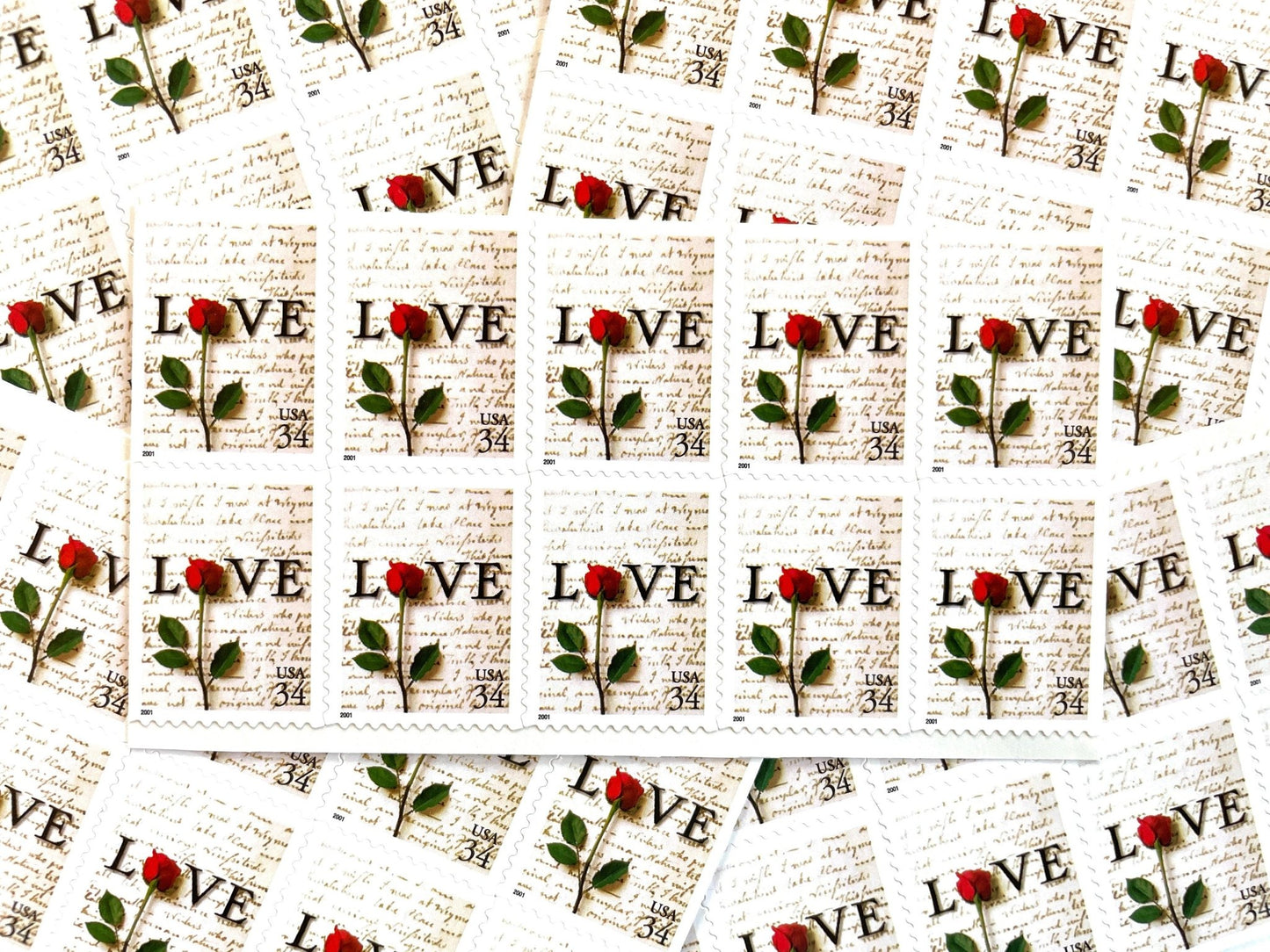 Vintage Unused Love Series Rose & Love Letter Stamps (Wedding, Valentine's Day, Flower) USPS Postage 34c - Heritage Post House