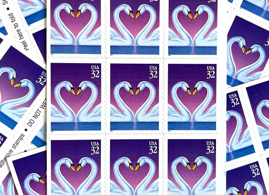 Vintage Unused Love Swans Stamps (Love Series, Heart, Blue/Purple), USPS Postage 32c - Heritage Post House