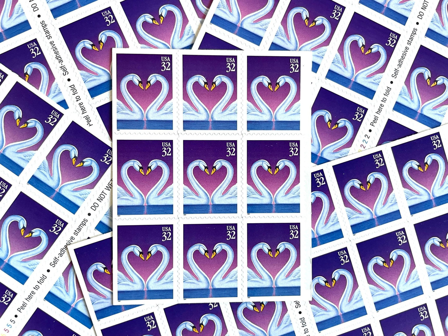 Vintage Unused Love Swans Stamps (Love Series, Heart, Blue/Purple), USPS Postage 32c - Heritage Post House