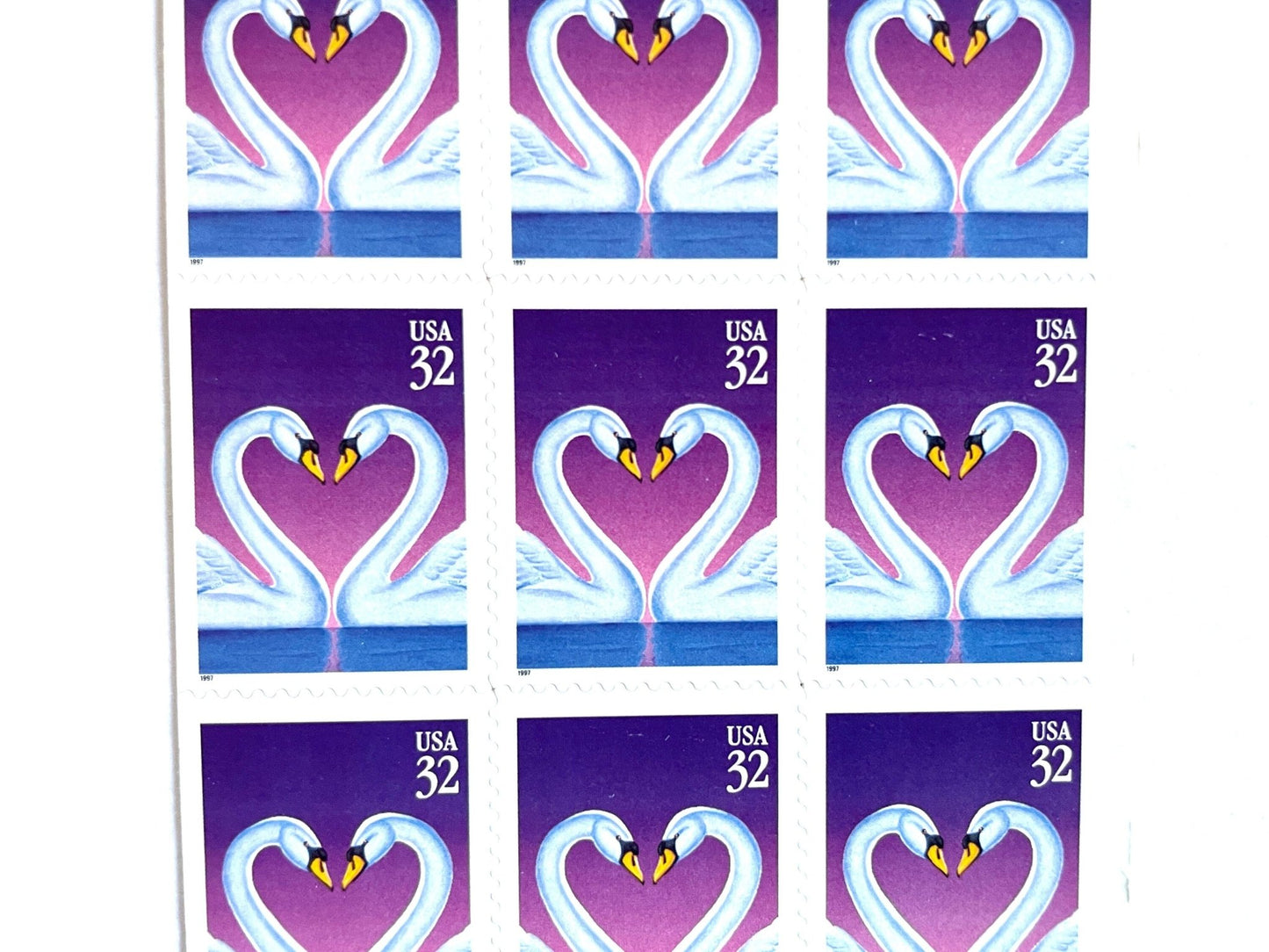 Vintage Unused Love Swans Stamps (Love Series, Heart, Blue/Purple), USPS Postage 32c - Heritage Post House