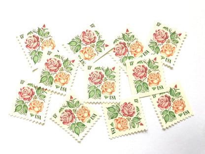 Vintage Unused Medallion Roses Stamps (Pink and Orange, Botanical, Rose, Flower) USPS Postage 15c - Heritage Post House