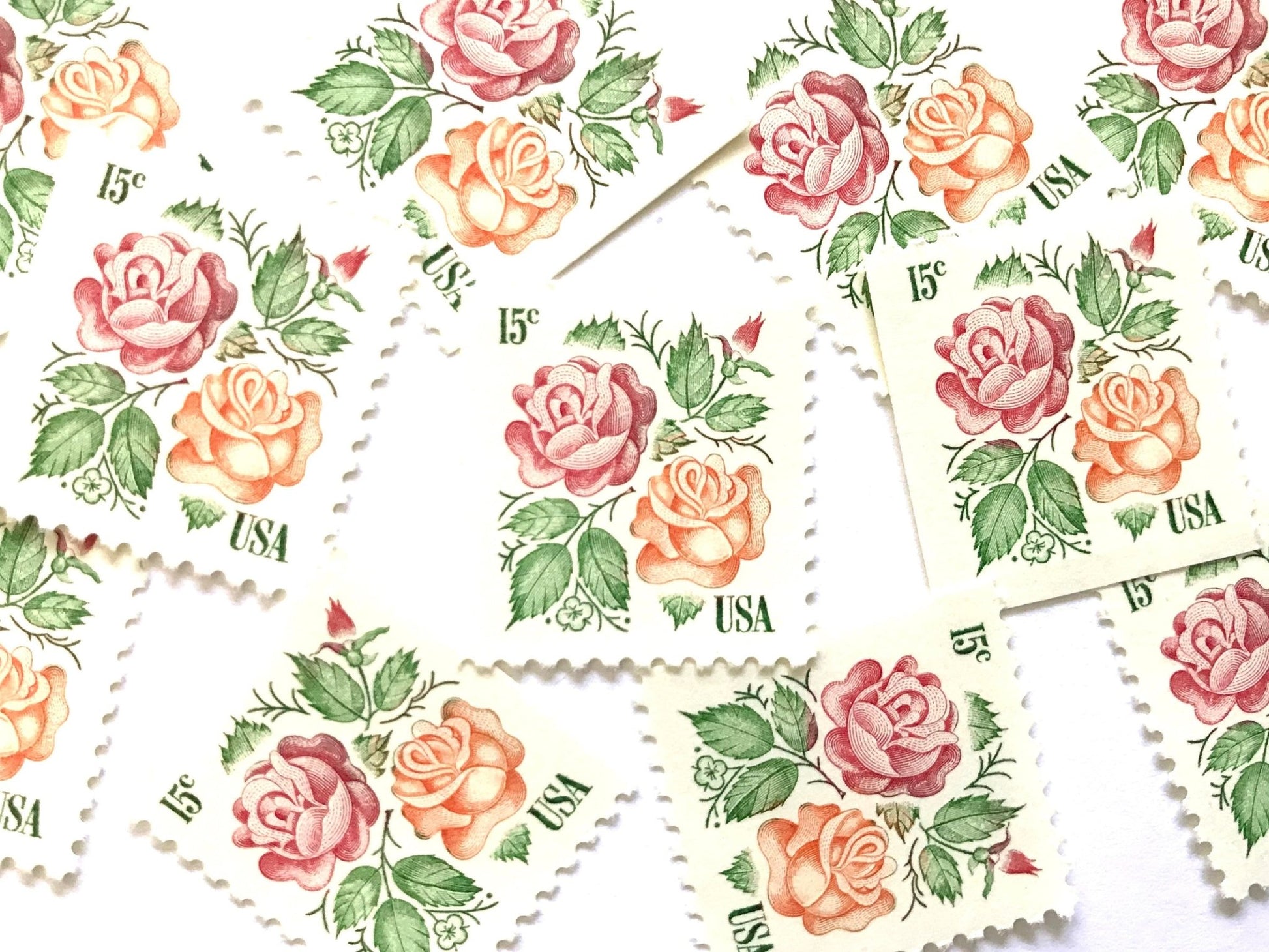 Vintage Unused Medallion Roses Stamps (Pink and Orange, Botanical, Rose, Flower) USPS Postage 15c - Heritage Post House