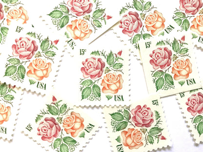 Vintage Unused Medallion Roses Stamps (Pink and Orange, Botanical, Rose, Flower) USPS Postage 15c - Heritage Post House