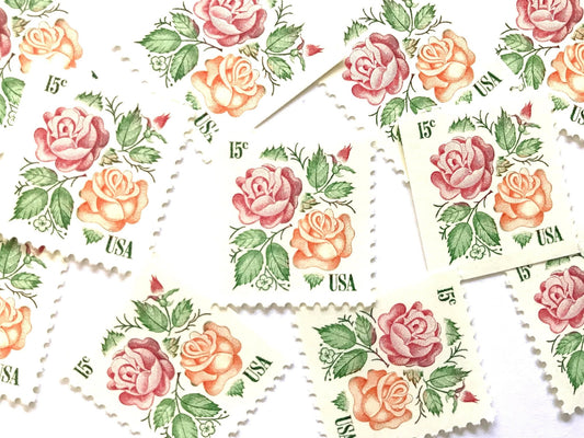 Vintage Unused Medallion Roses Stamps (Pink and Orange, Botanical, Rose, Flower) USPS Postage 15c - Heritage Post House