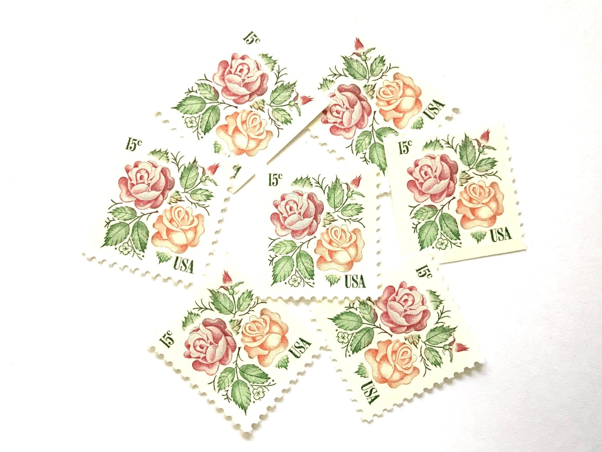 Vintage Unused Medallion Roses Stamps (Pink and Orange, Botanical, Rose, Flower) USPS Postage 15c - Heritage Post House