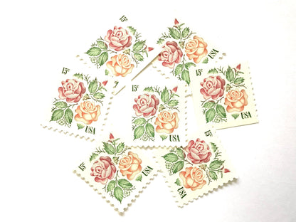 Vintage Unused Medallion Roses Stamps (Pink and Orange, Botanical, Rose, Flower) USPS Postage 15c - Heritage Post House