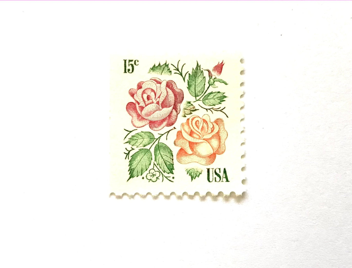 Vintage Unused Medallion Roses Stamps (Pink and Orange, Botanical, Rose, Flower) USPS Postage 15c - Heritage Post House