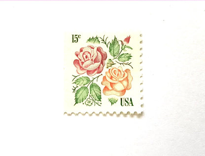 Vintage Unused Medallion Roses Stamps (Pink and Orange, Botanical, Rose, Flower) USPS Postage 15c - Heritage Post House