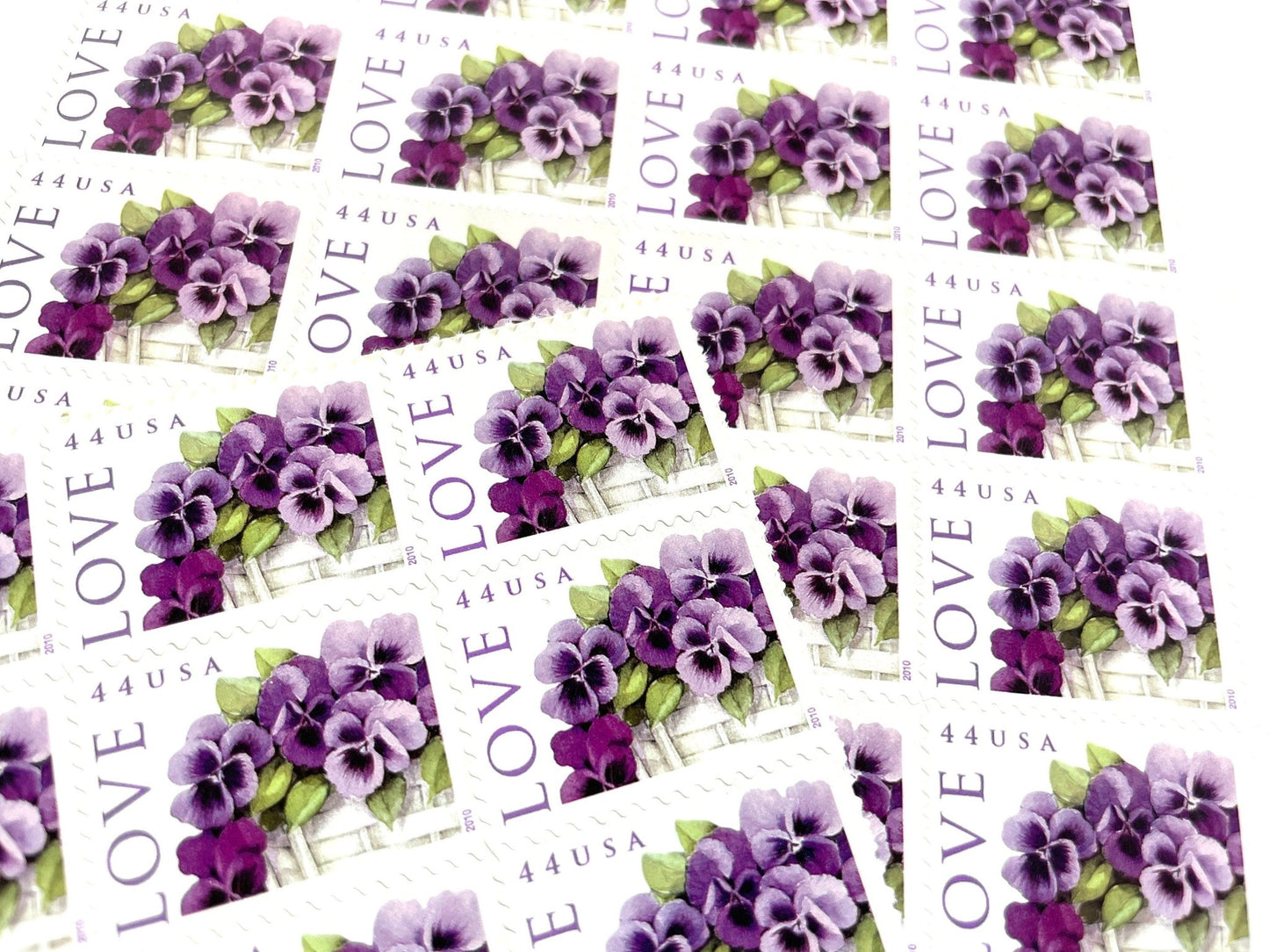 Vintage Unused Pansies in a Basket Stamps (Love Series, Flowers, Purple), USPS Postage 44c - Heritage Post House